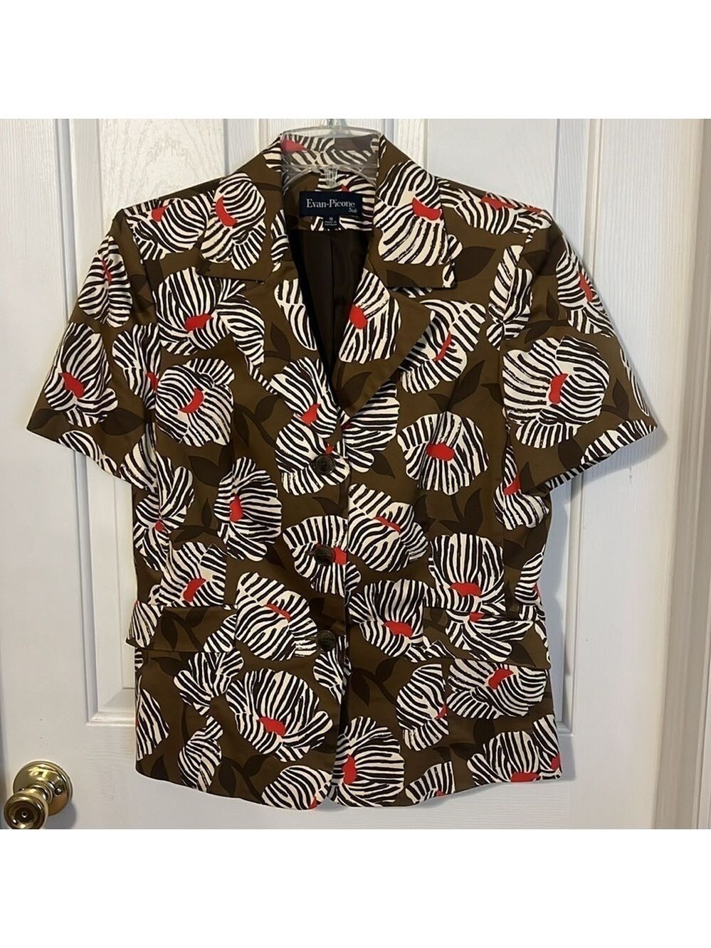 Evan-Picone blazer, size 10, short sleeved, shoulder pads. Brown, floral
